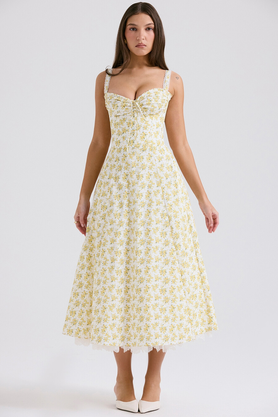 weißes bustierkleid aus baumwolle mit vintage-blumenmuster