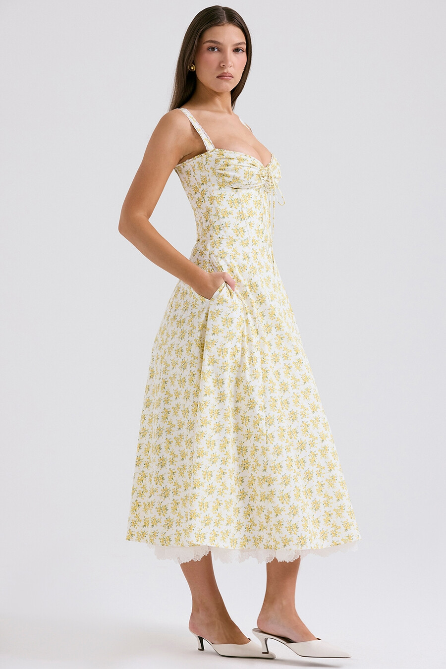 weißes bustierkleid aus baumwolle mit vintage-blumenmuster