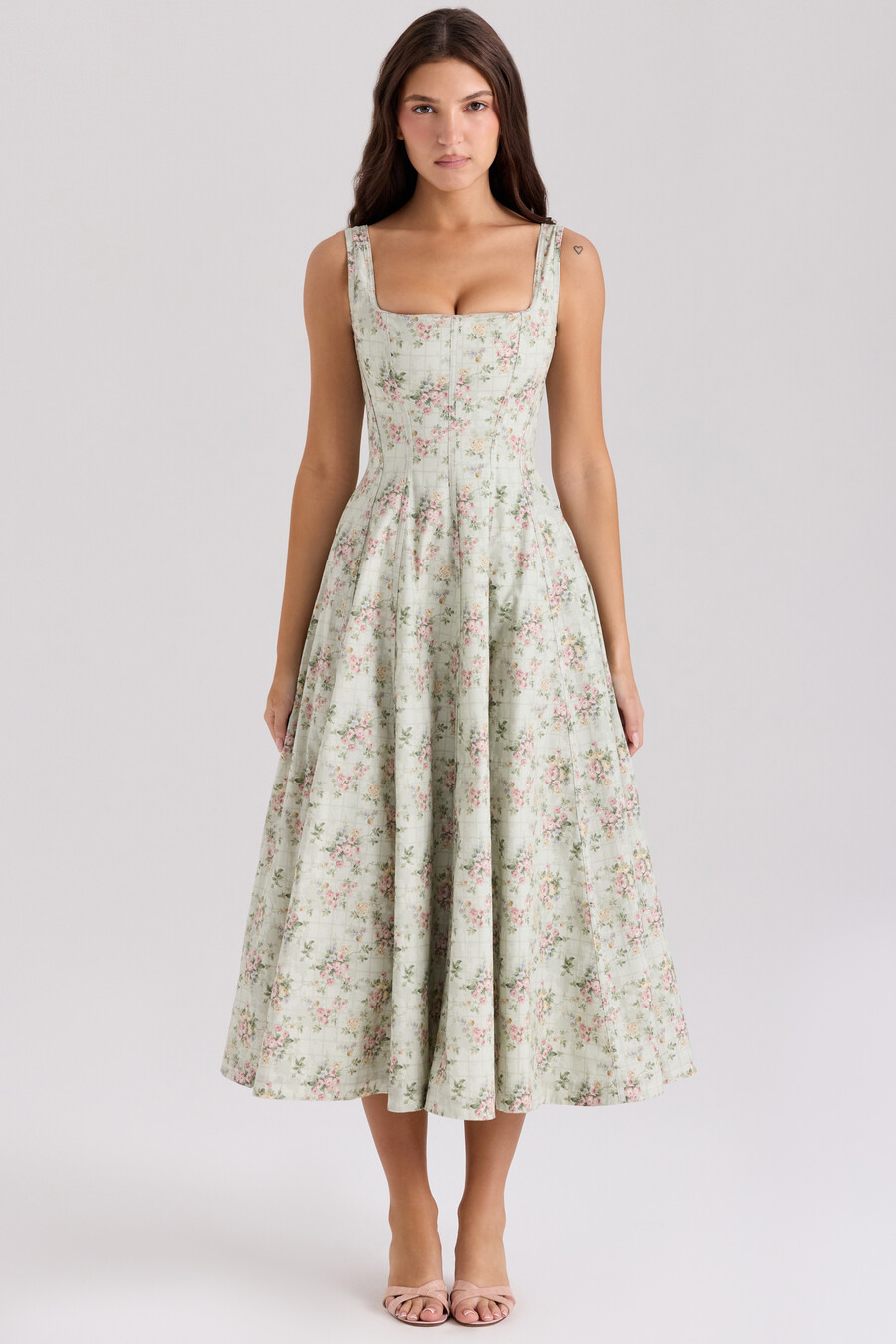 midikleid aus baumwolle mit salbei-blumenmuster