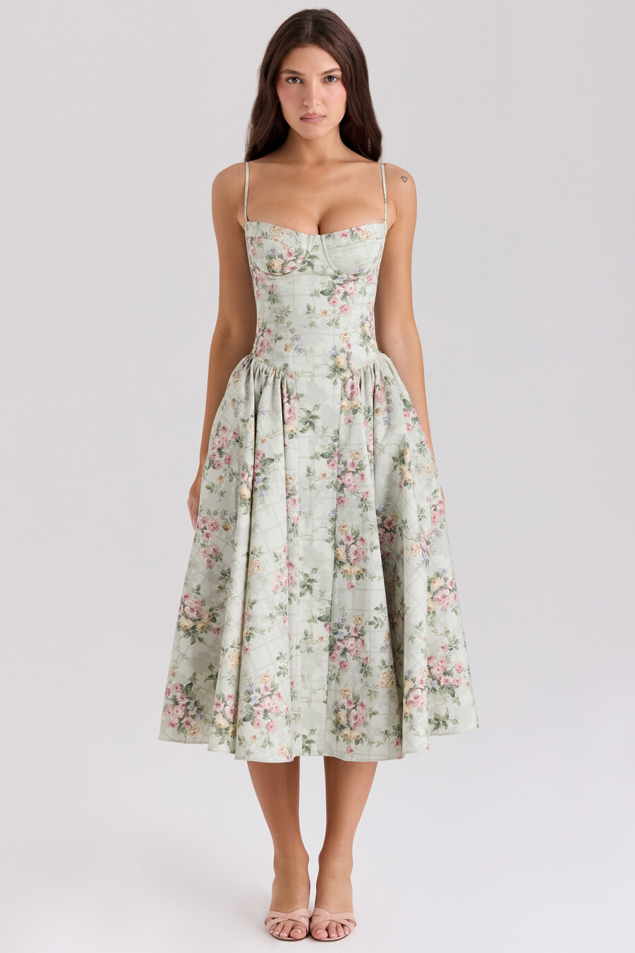 midikleid aus baumwolle mit salbei-blumenmuster