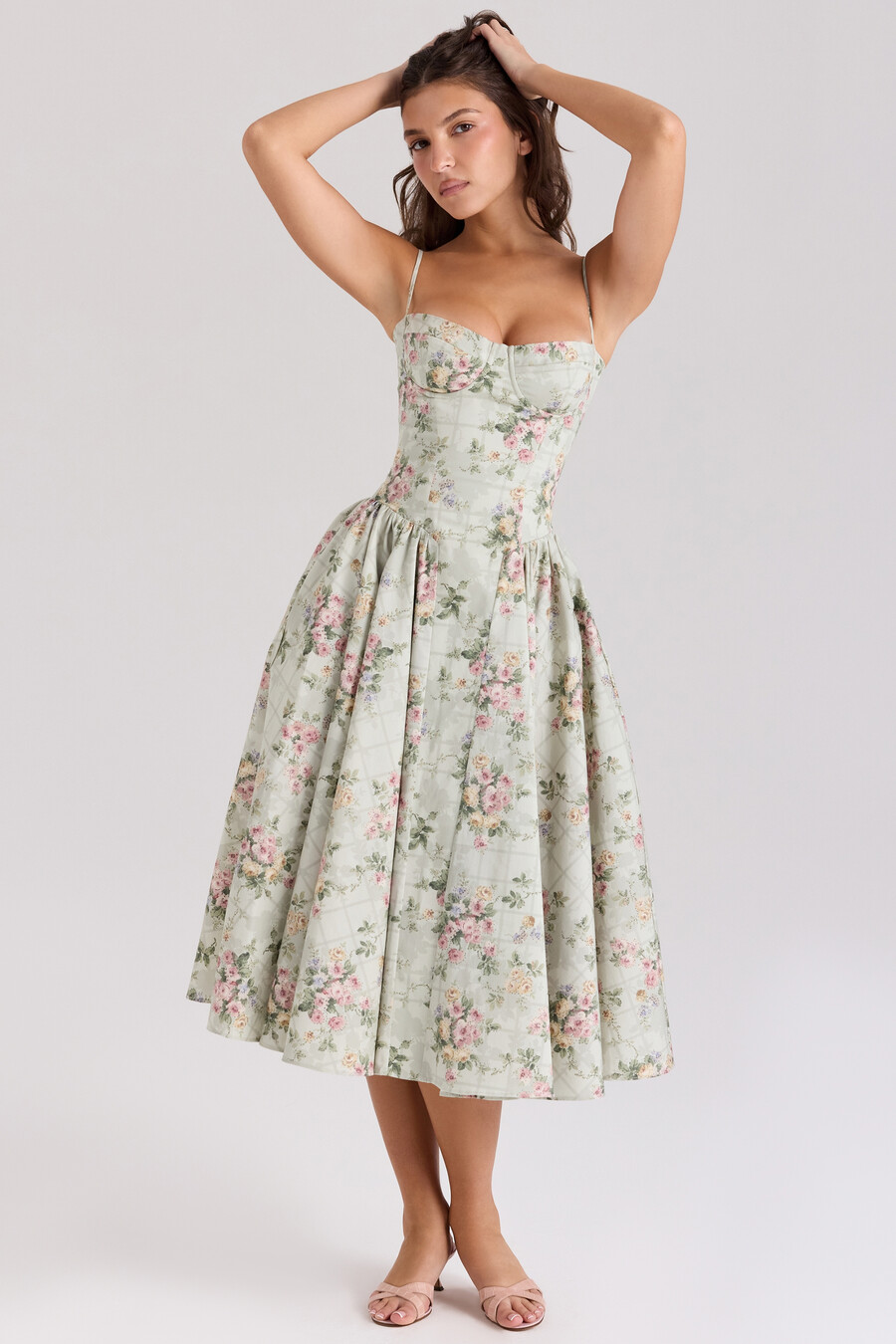 midikleid aus baumwolle mit salbei-blumenmuster