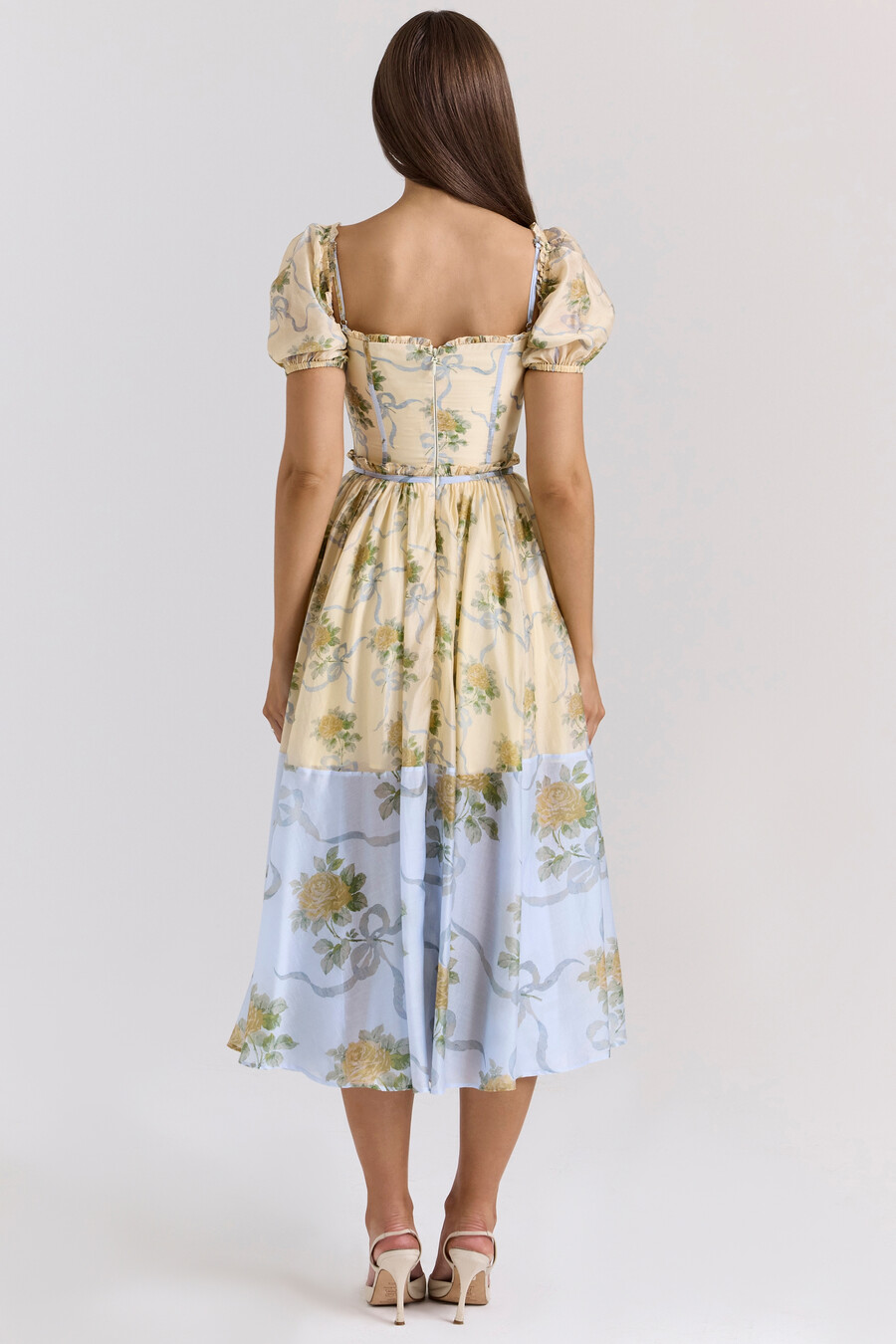 zitronengelbes chiffon-midikleid im vintage-rosen-stil