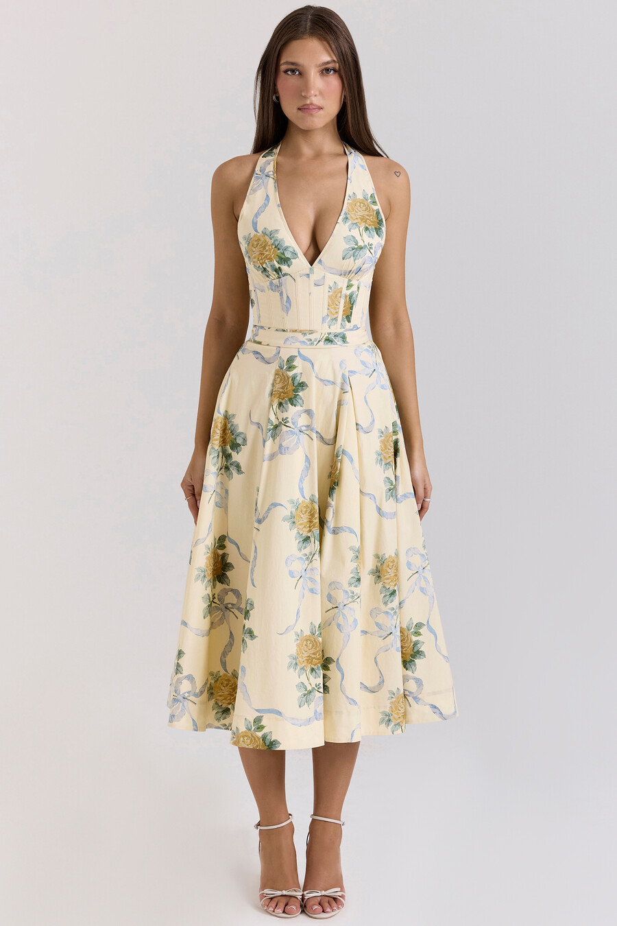 zitronengelbes ärmelloses midi-sommerkleid aus stretch-baumwolle mit bändern