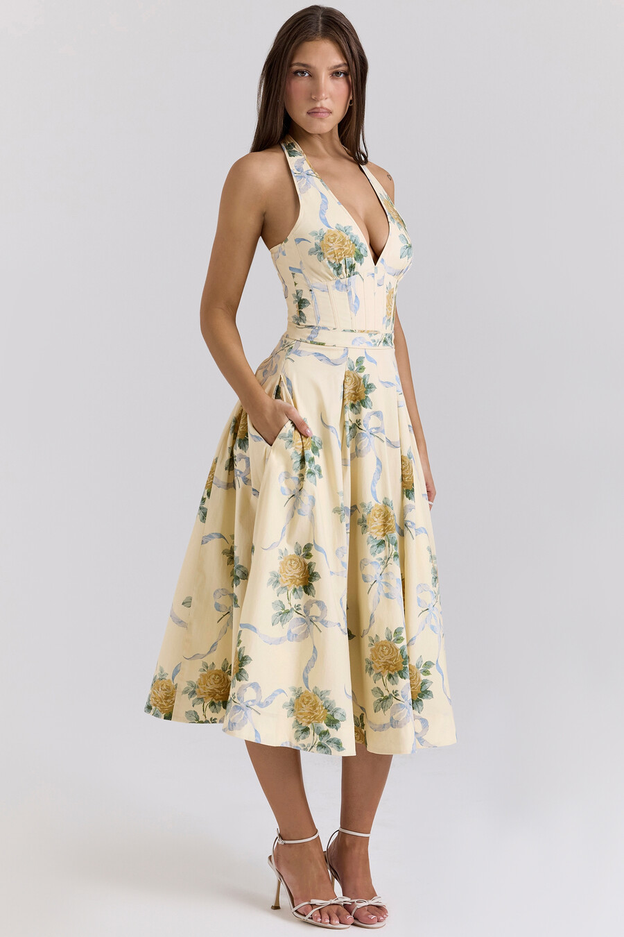zitronengelbes ärmelloses midi-sommerkleid aus stretch-baumwolle mit bändern