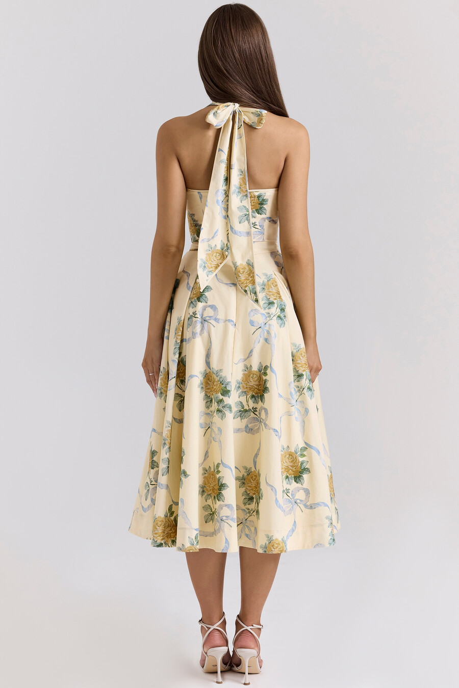 zitronengelbes ärmelloses midi-sommerkleid aus stretch-baumwolle mit bändern