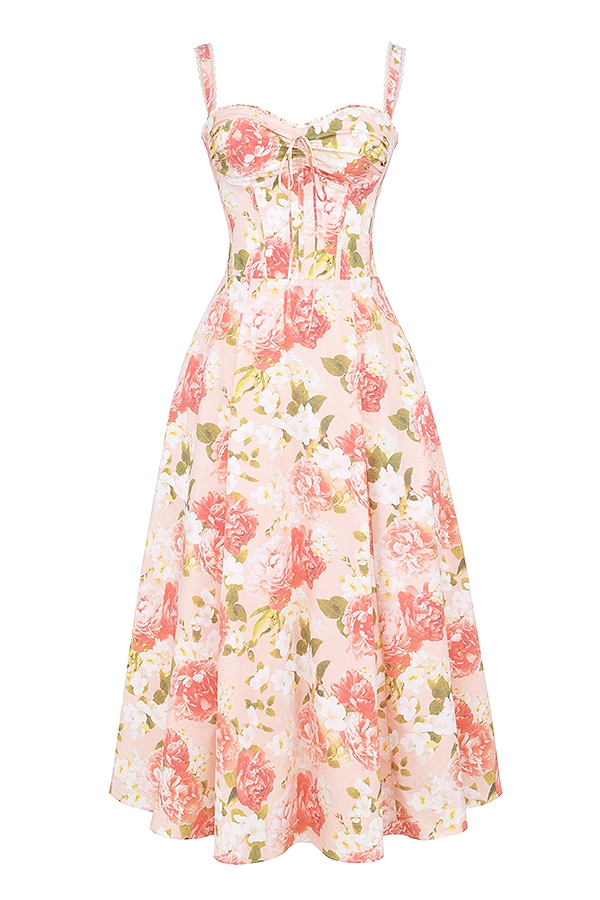 sommerkleid aus baumwolle mit rosa pfingstrosenmuster und bustier-design