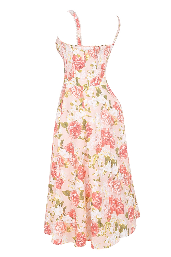 sommerkleid aus baumwolle mit rosa pfingstrosenmuster und bustier-design