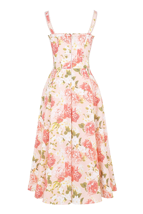 sommerkleid aus baumwolle mit rosa pfingstrosenmuster und bustier-design
