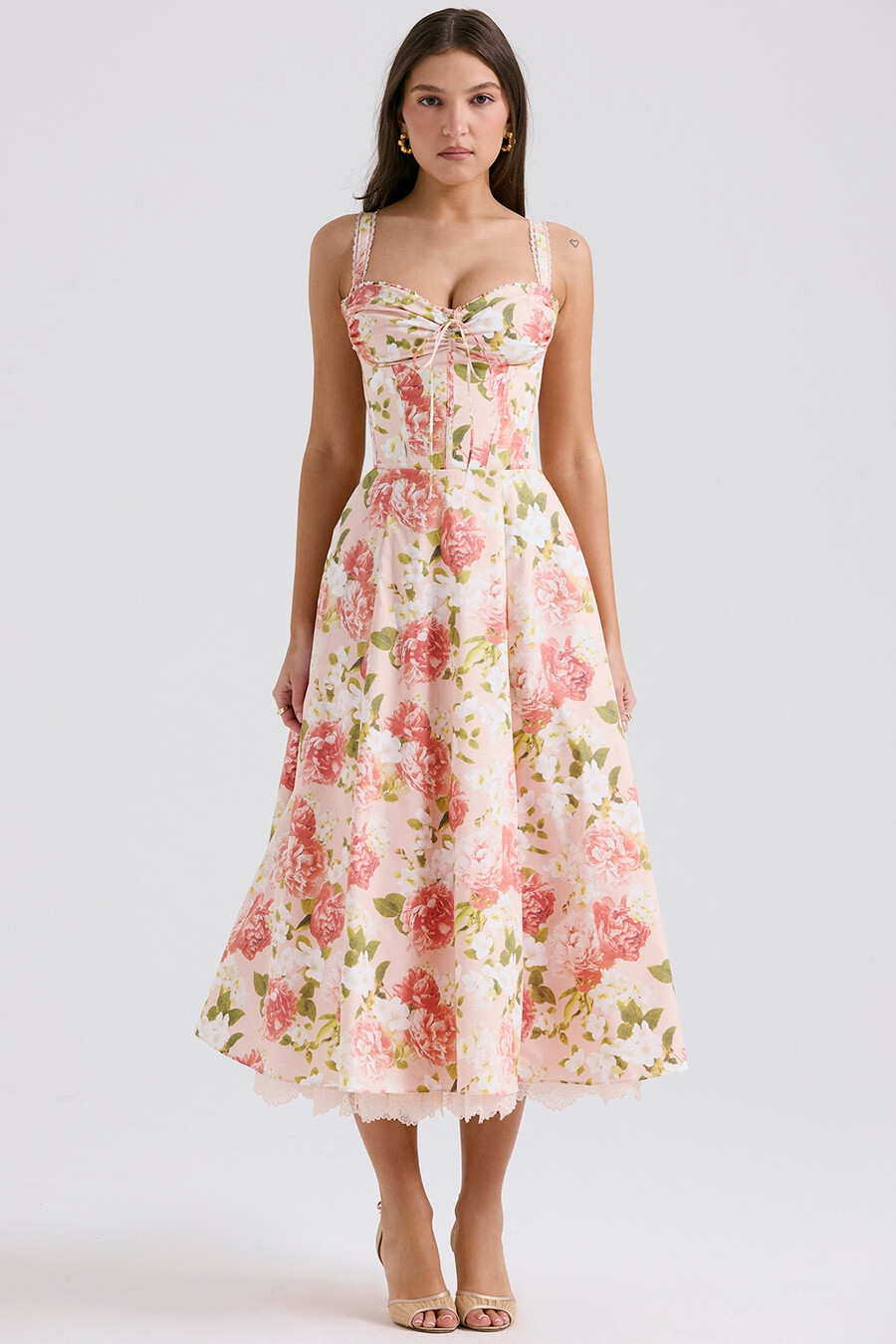 sommerkleid aus baumwolle mit rosa pfingstrosenmuster und bustier-design