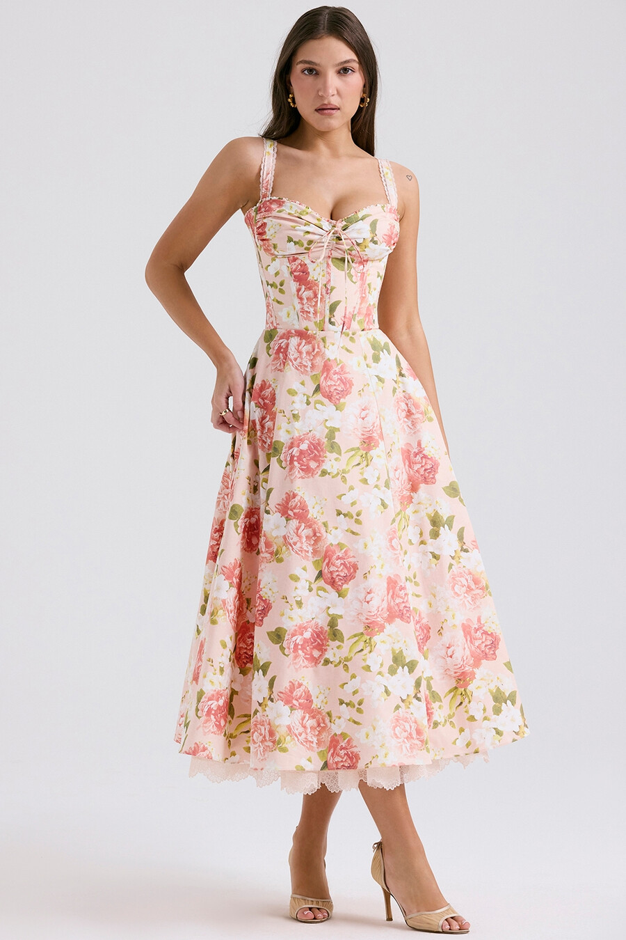 sommerkleid aus baumwolle mit rosa pfingstrosenmuster und bustier-design