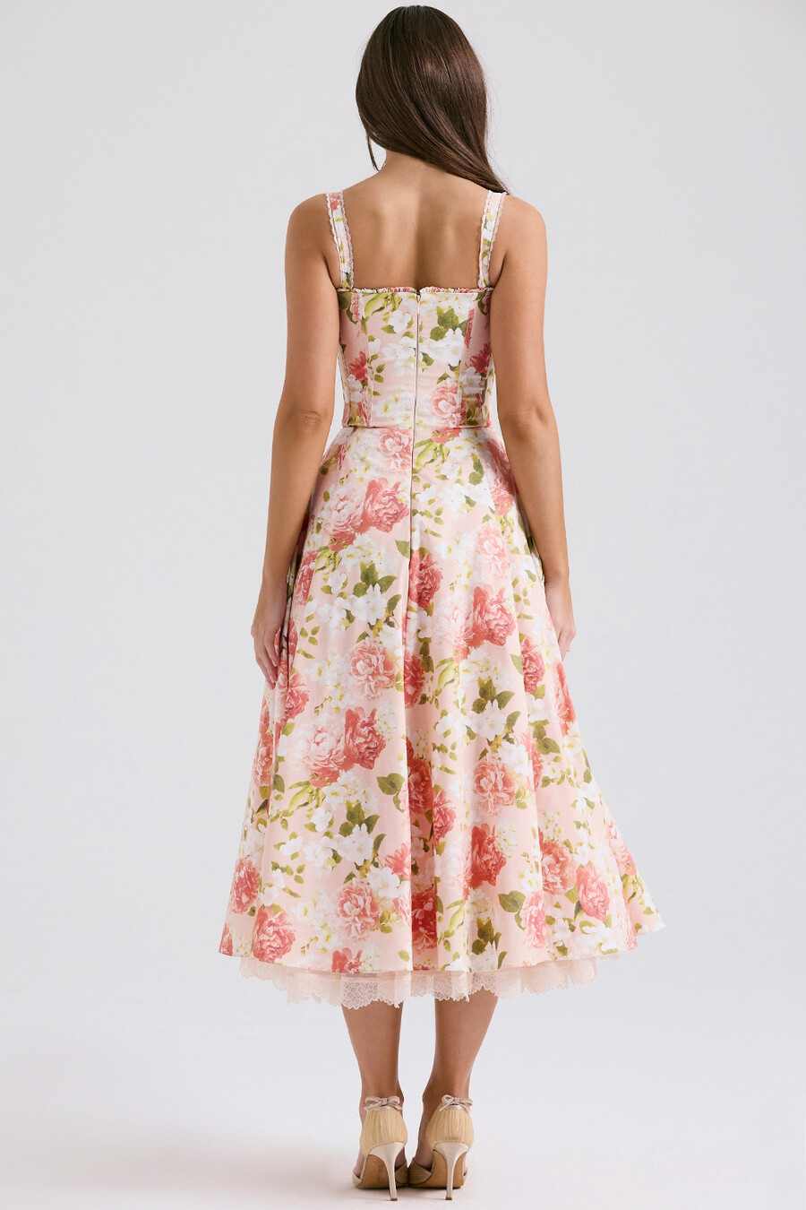 sommerkleid aus baumwolle mit rosa pfingstrosenmuster und bustier-design