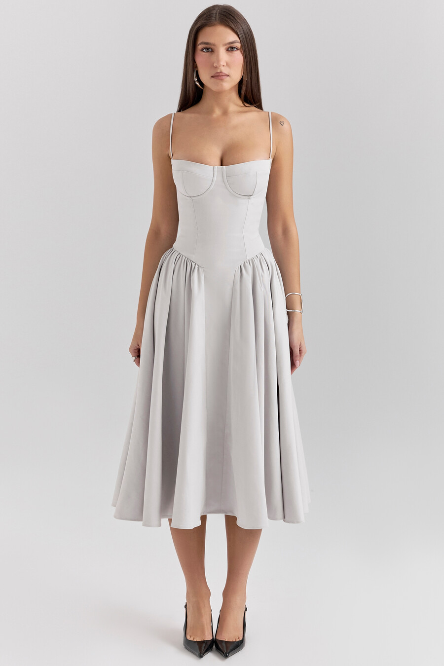 taubengraues korsett-midikleid