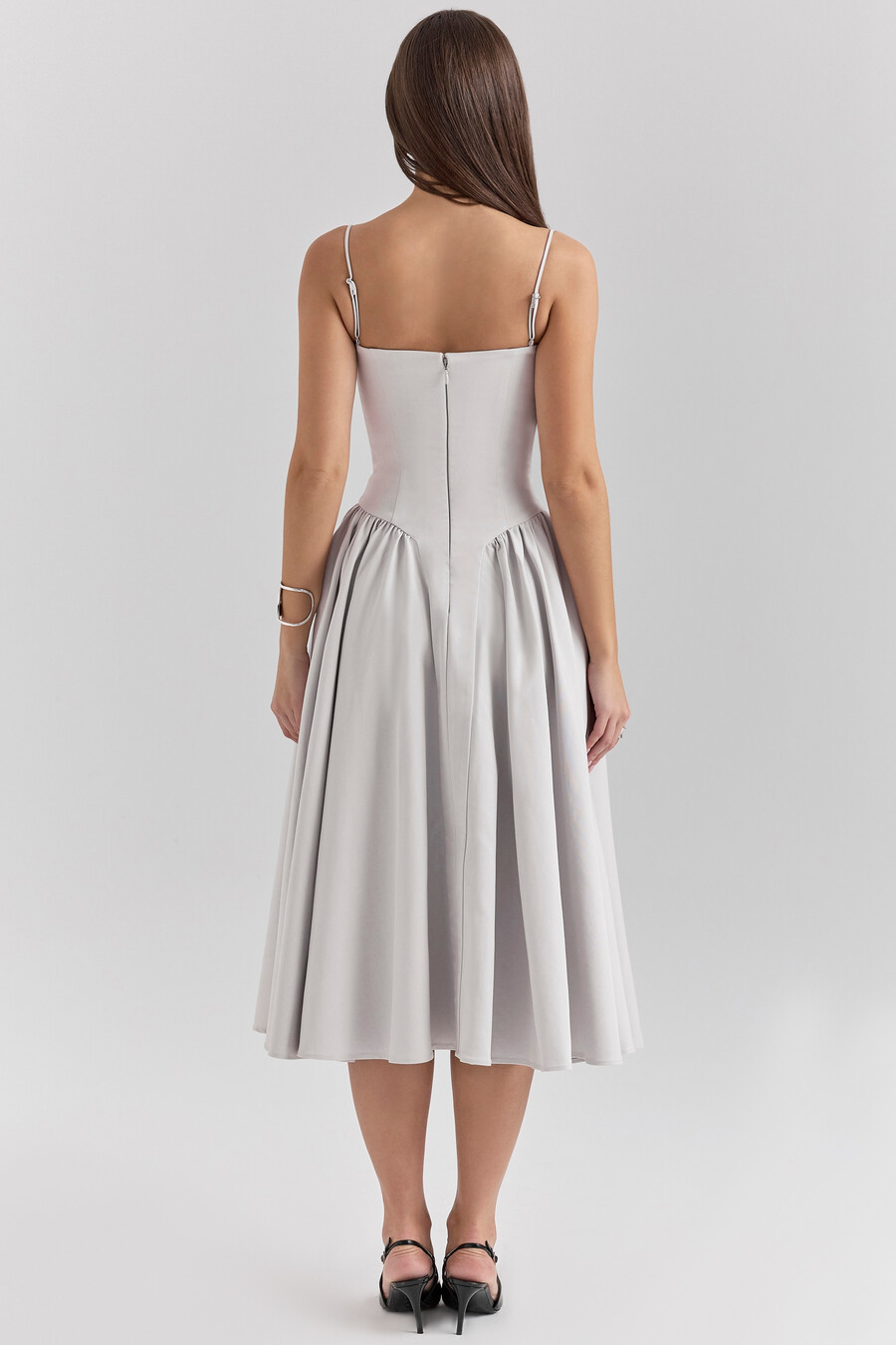 taubengraues korsett-midikleid