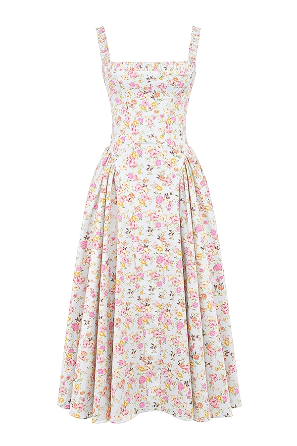 hellblaues baumwoll-midikleid mit wiesenmuster