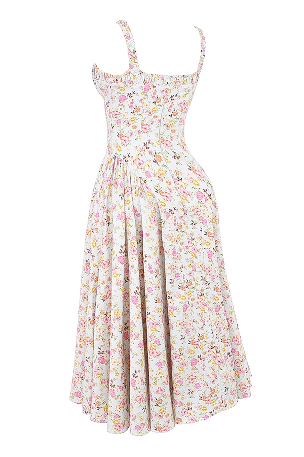 hellblaues baumwoll-midikleid mit wiesenmuster