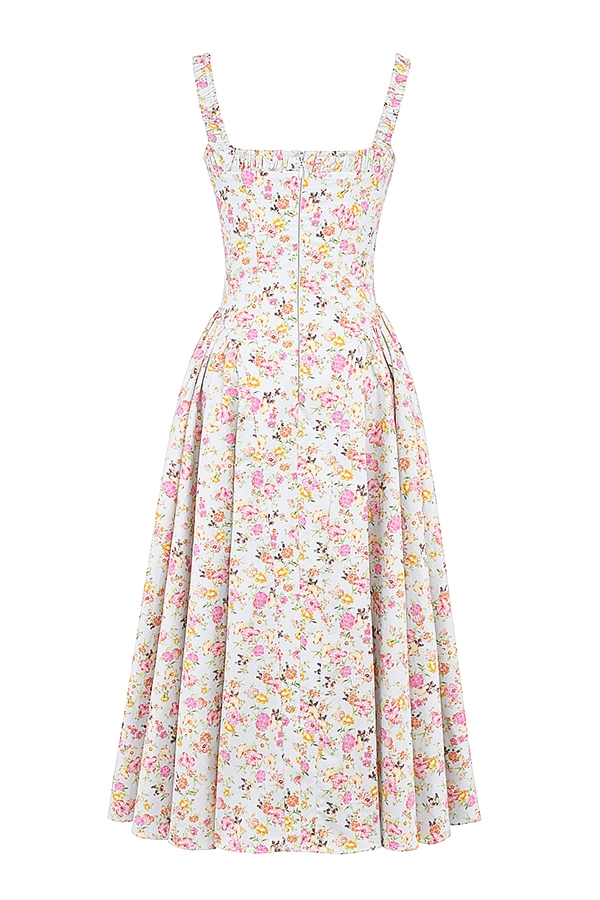hellblaues baumwoll-midikleid mit wiesenmuster