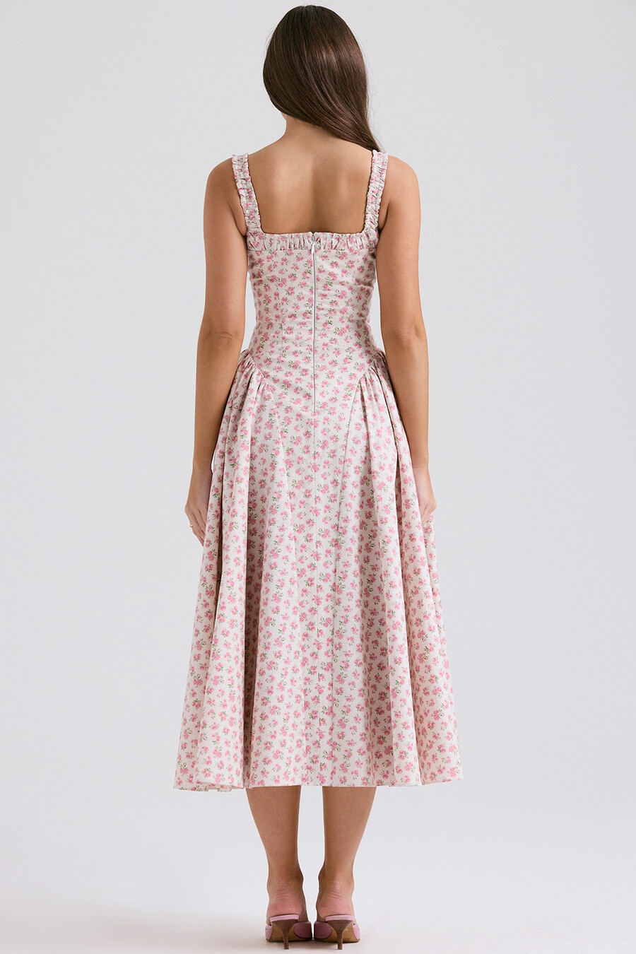 weißes baumwoll-midikleid mit rosenknospenmuster