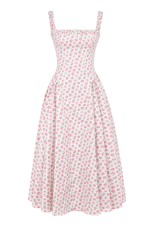 weißes baumwoll-midikleid mit rosenknospenmuster
