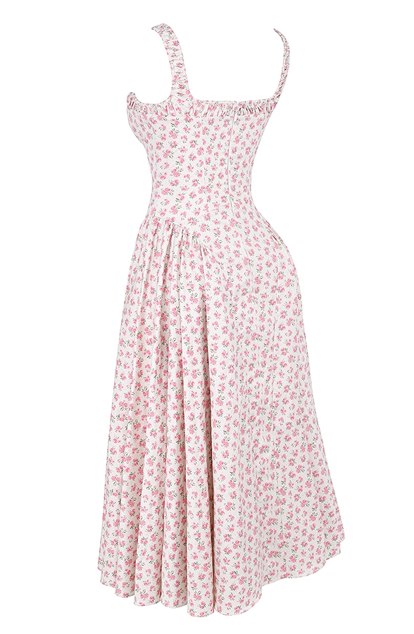 weißes baumwoll-midikleid mit rosenknospenmuster