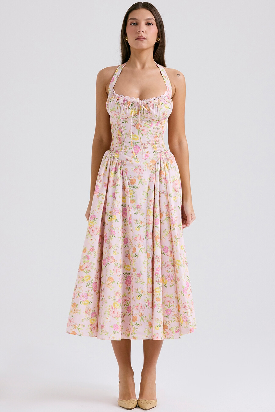 rosa wiesenmuster baumwoll-halterkleid midi-sommerkleid