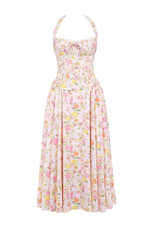 rosa wiesenmuster baumwoll-halterkleid midi-sommerkleid