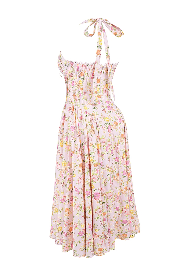 rosa wiesenmuster baumwoll-halterkleid midi-sommerkleid