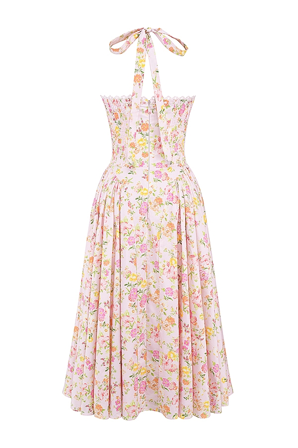 rosa wiesenmuster baumwoll-halterkleid midi-sommerkleid
