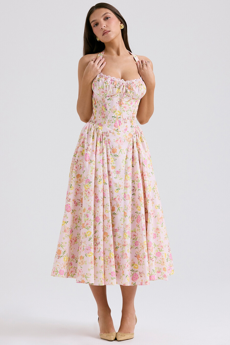 rosa wiesenmuster baumwoll-halterkleid midi-sommerkleid