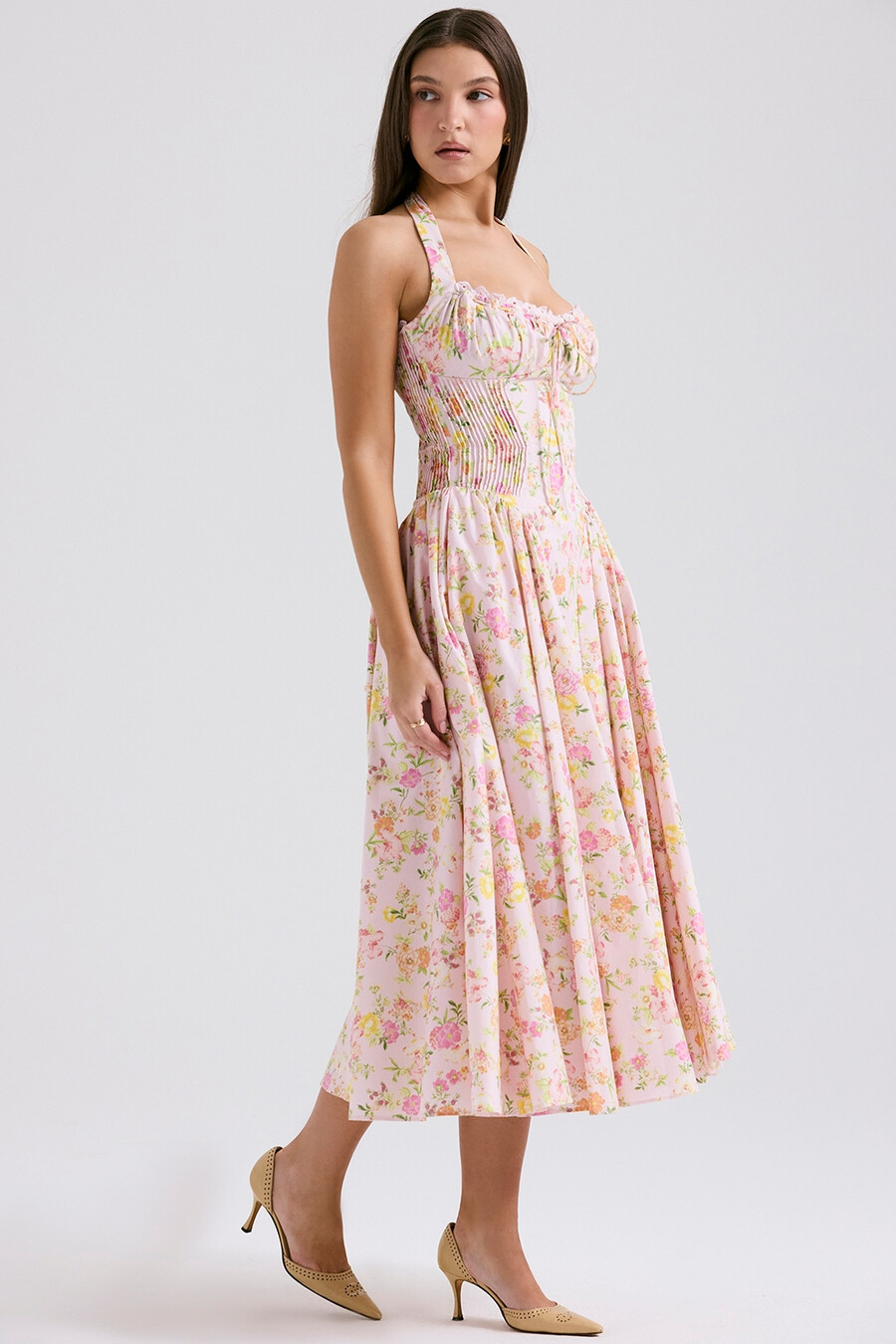 rosa wiesenmuster baumwoll-halterkleid midi-sommerkleid