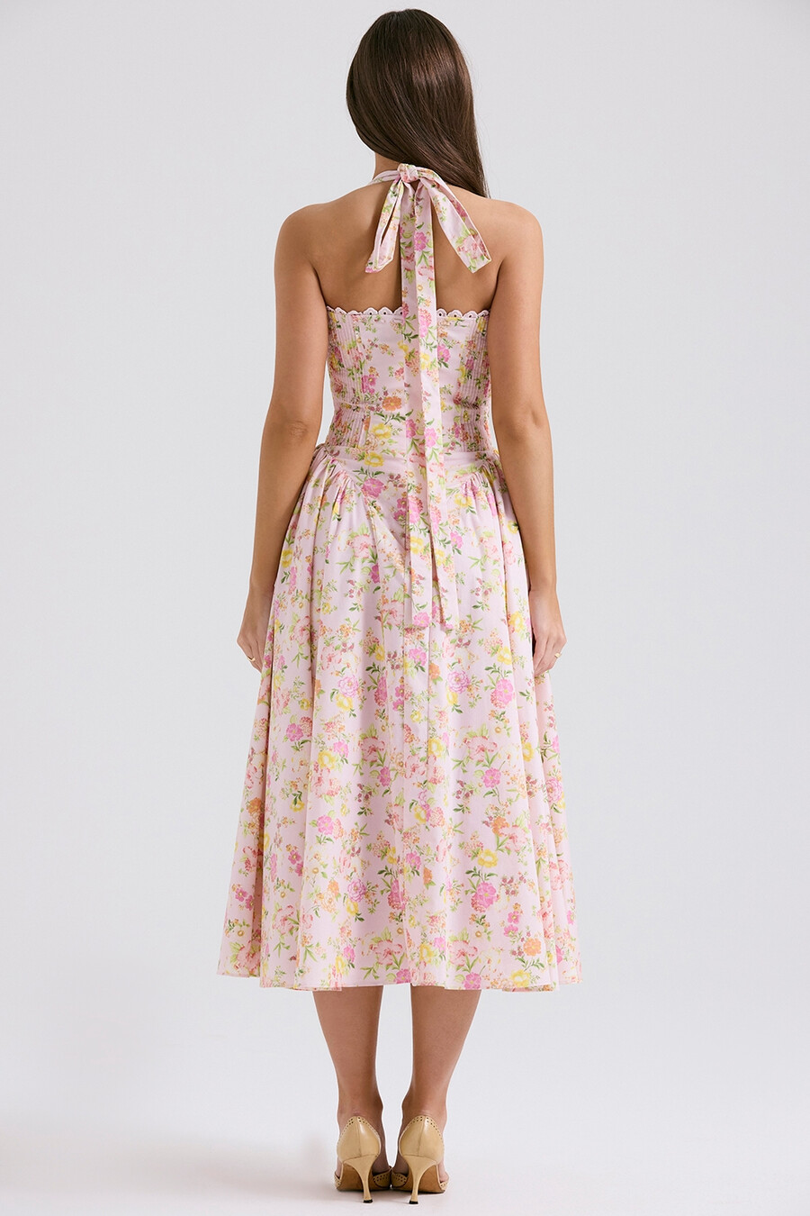 rosa wiesenmuster baumwoll-halterkleid midi-sommerkleid