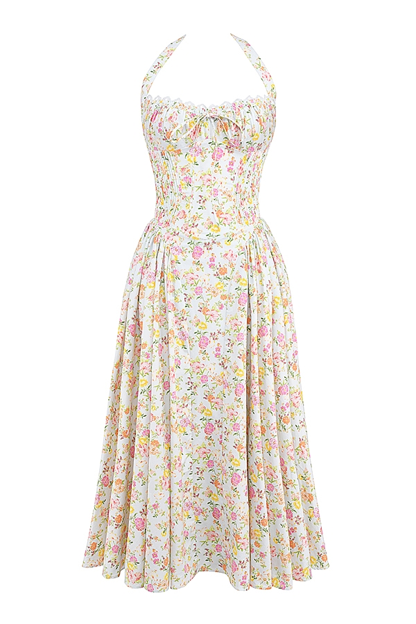 hellblaues baumwollkleid mit wiesenmuster und neckholder