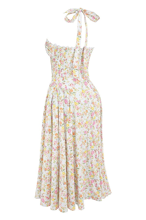 hellblaues baumwollkleid mit wiesenmuster und neckholder