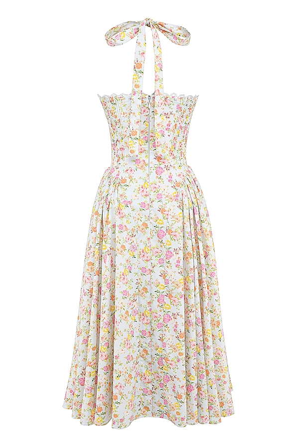 hellblaues baumwollkleid mit wiesenmuster und neckholder
