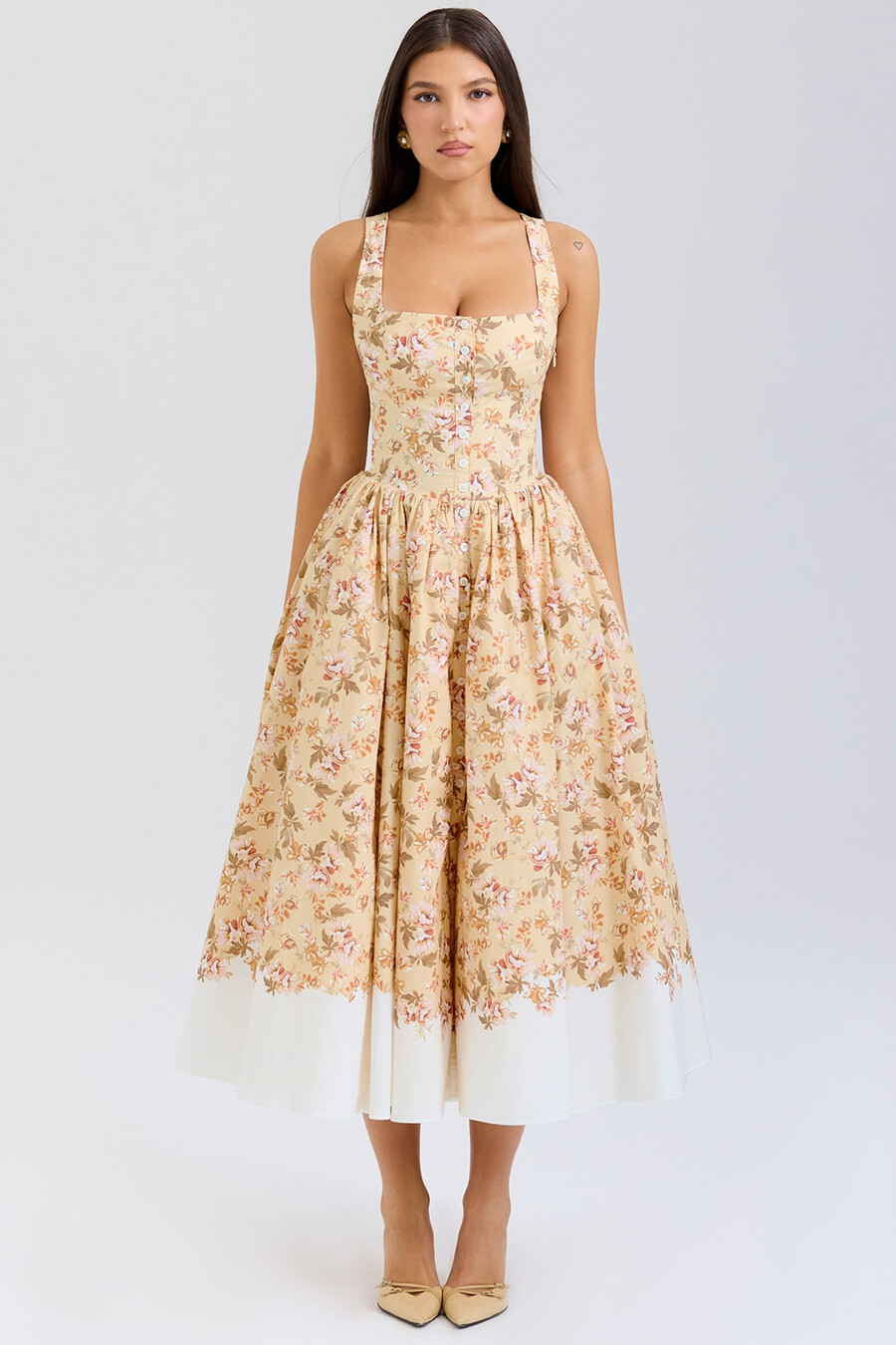 midikleid aus baumwolle mit honigblumenmuster und raffungen