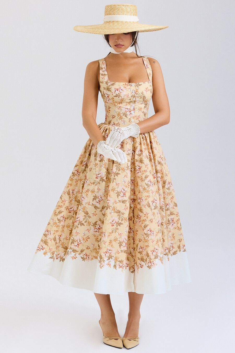 midikleid aus baumwolle mit honigblumenmuster und raffungen