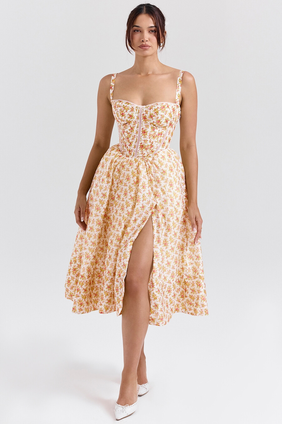 midi-sommerkleid mit korsett und rosenmuster