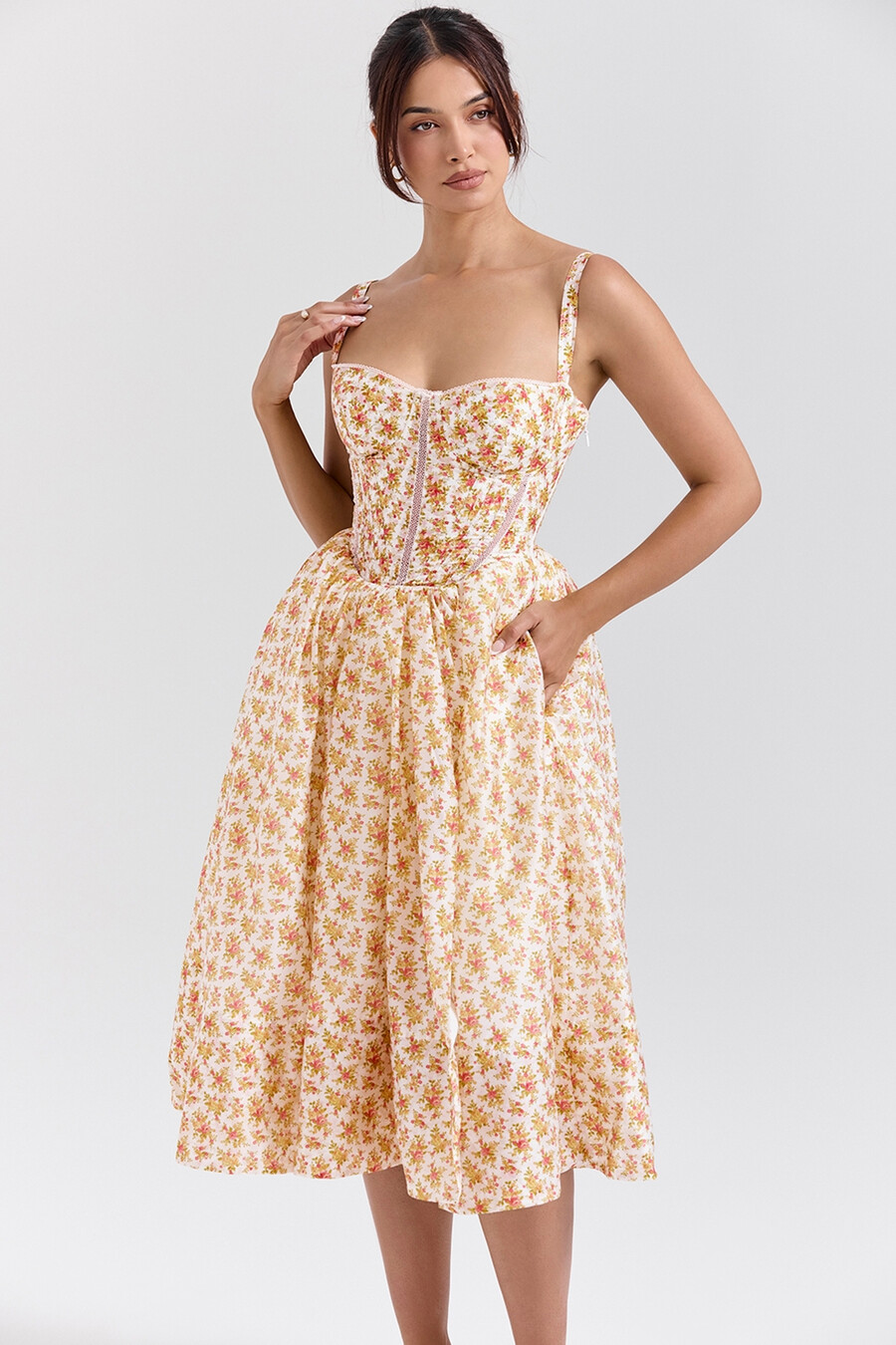 midi-sommerkleid mit korsett und rosenmuster