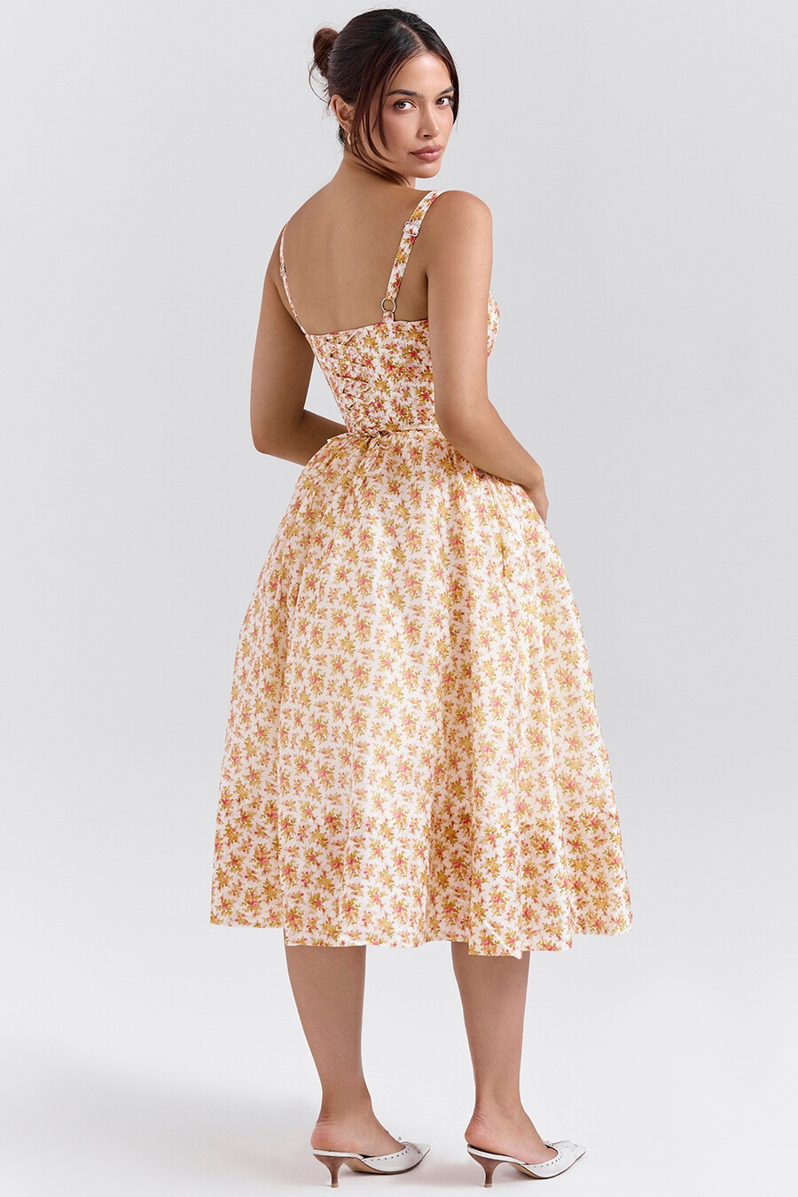 midi-sommerkleid mit korsett und rosenmuster