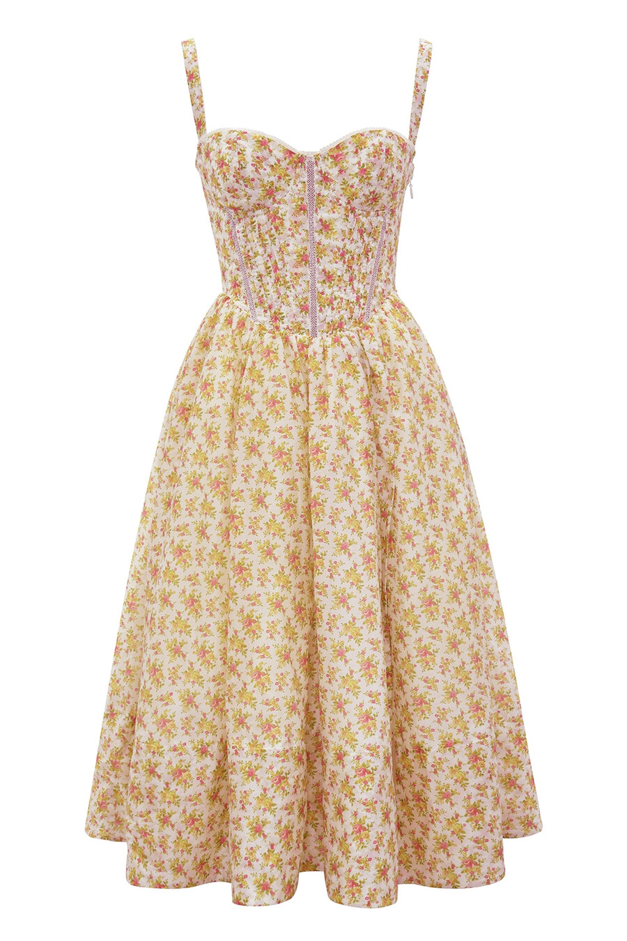 midi-sommerkleid mit korsett und rosenmuster