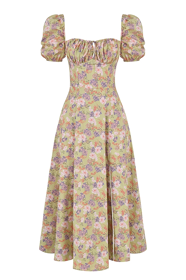 midi-sommerkleid mit pfingstrosenmuster und puffärmeln
