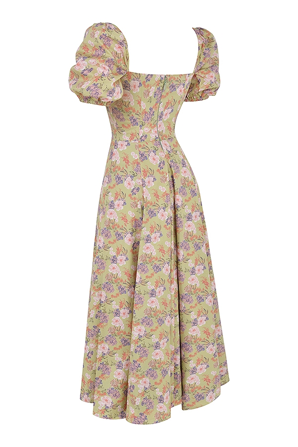 midi-sommerkleid mit pfingstrosenmuster und puffärmeln