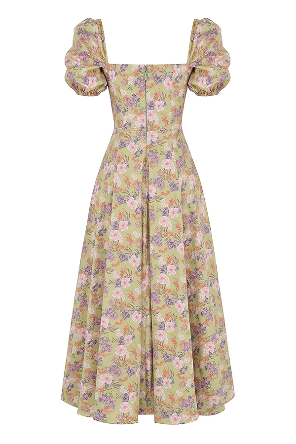 midi-sommerkleid mit pfingstrosenmuster und puffärmeln