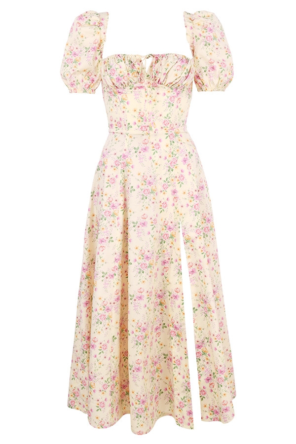 zitronengelbes geblümtes midi-sommerkleid mit puffärmeln und puffärmeln