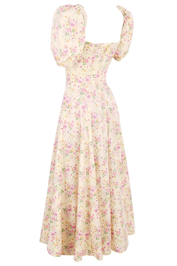 zitronengelbes geblümtes midi-sommerkleid mit puffärmeln und puffärmeln