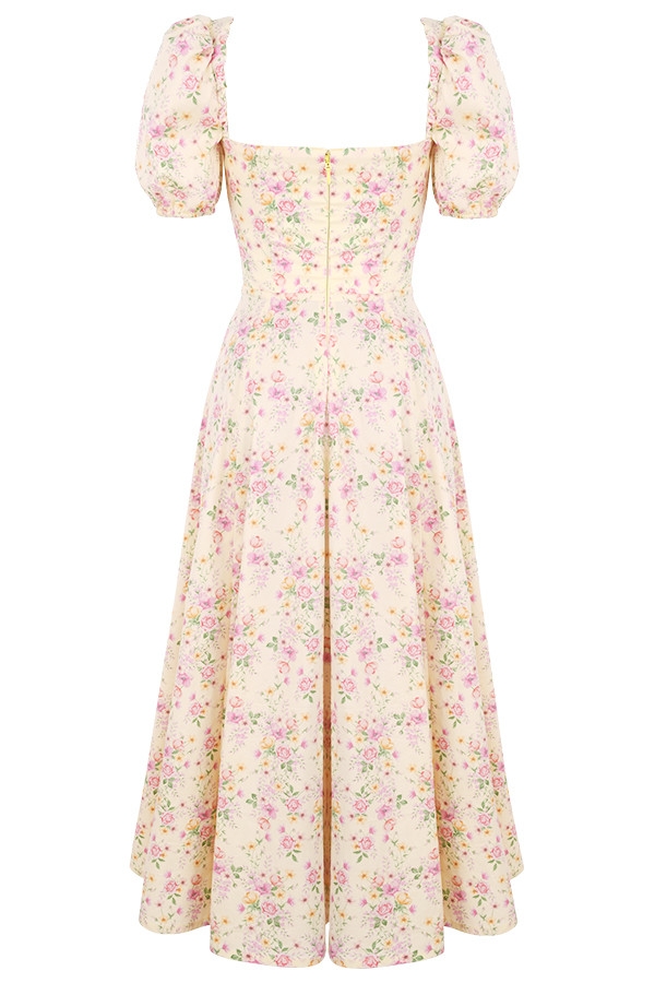 zitronengelbes geblümtes midi-sommerkleid mit puffärmeln und puffärmeln