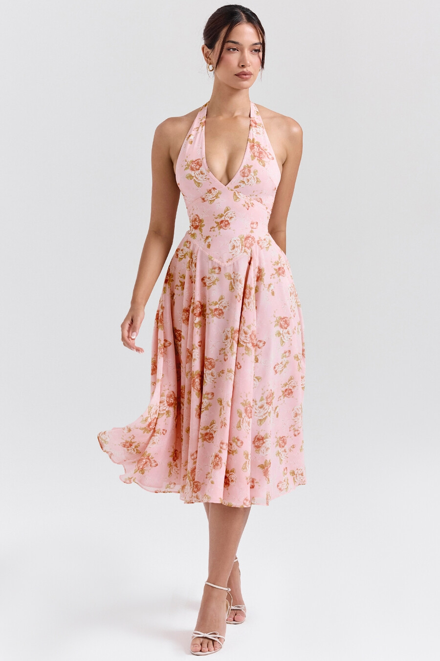 englisches vintage-sommerkleid aus georgette mit rosenmuster und neckholder