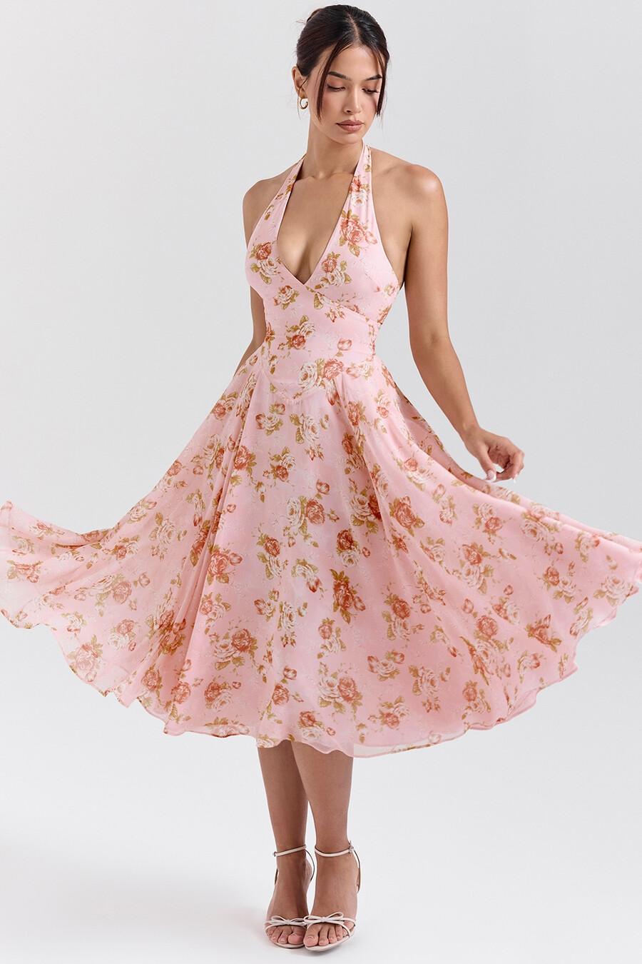 englisches vintage-sommerkleid aus georgette mit rosenmuster und neckholder