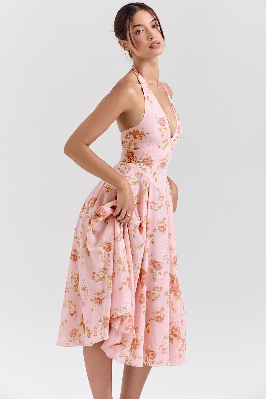 englisches vintage-sommerkleid aus georgette mit rosenmuster und neckholder