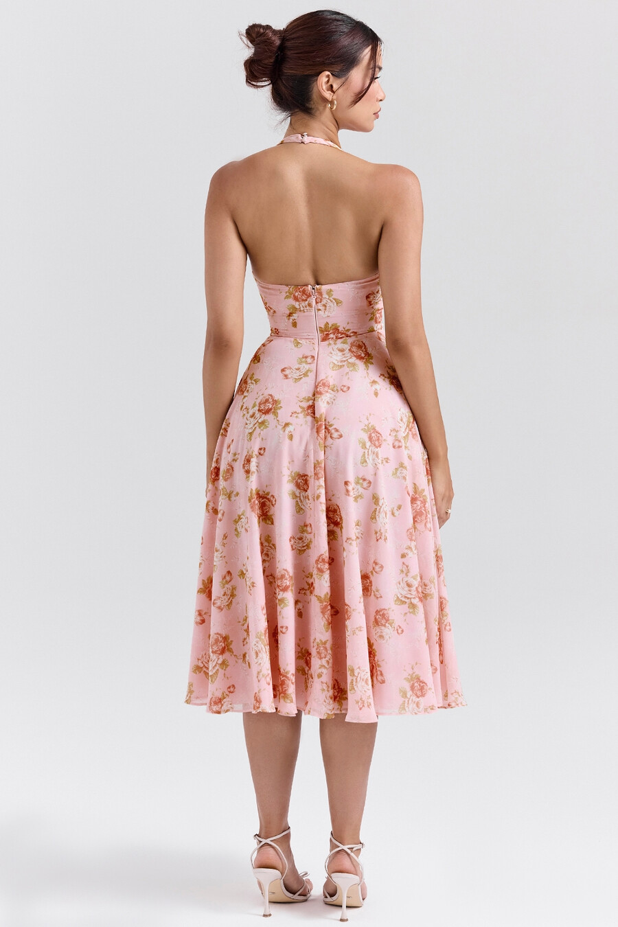 englisches vintage-sommerkleid aus georgette mit rosenmuster und neckholder