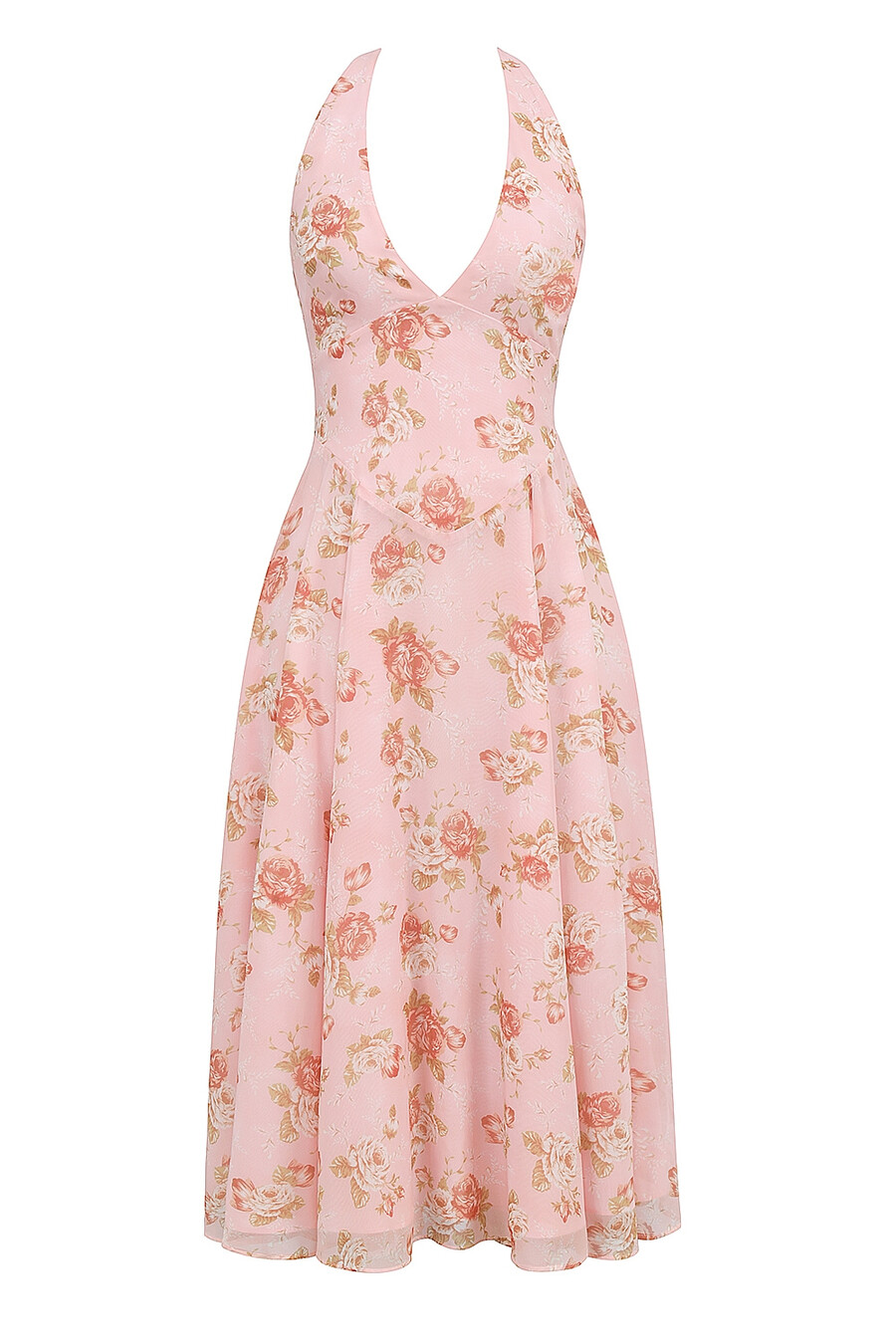 englisches vintage-sommerkleid aus georgette mit rosenmuster und neckholder